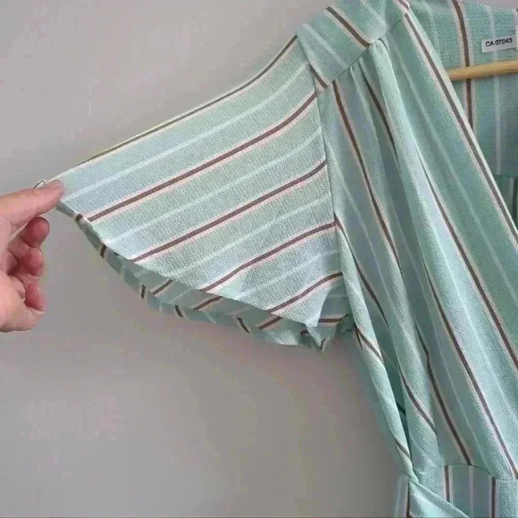 MONTEAU | Women's Sea Green/Brown/White Striped Wrap  Style Midi Dress - Picture 3 of 4